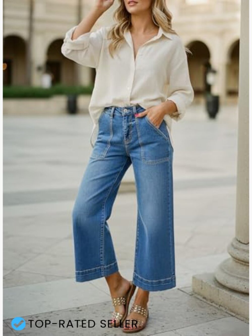 Stretchy Wide Leg High Waisted Jeans Tummy Control Cropped Ankle Denim Pants - Picture 4 of 7